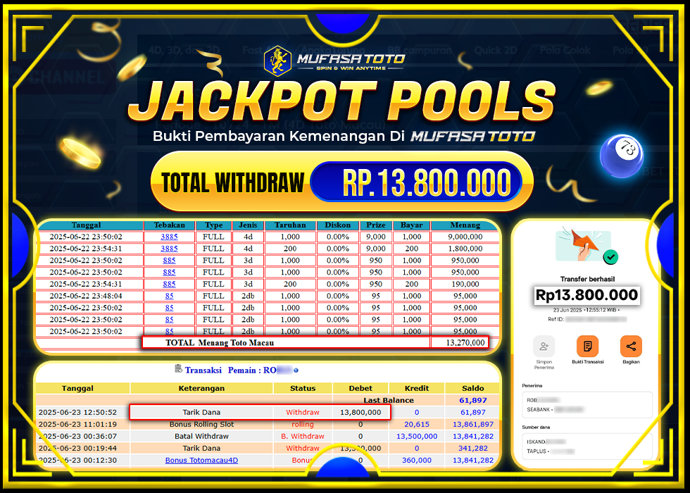 MUFASATOTO JACKPOT POOL TOTO MACAU Rp.13.800.000 | LUNAS